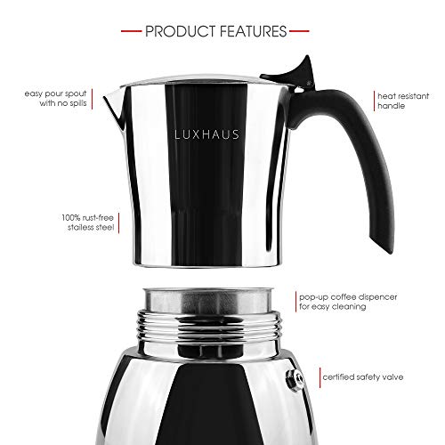 LUXHAUS Moka Pot 6 Cup Stovetop Espresso Maker 100% Stainless